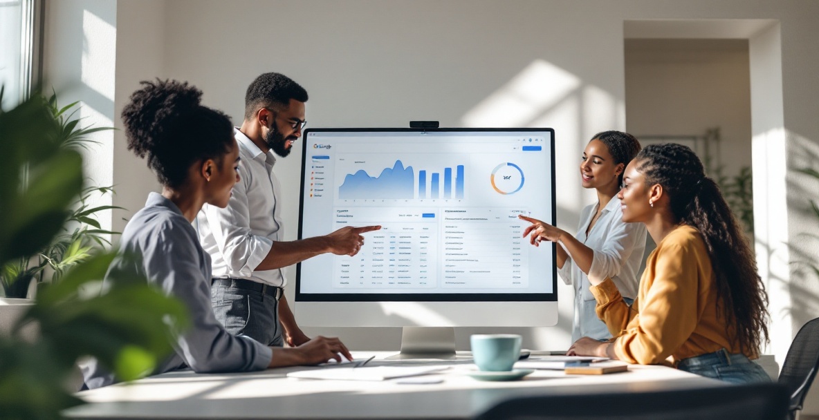 Team of three discussing SEO analytics in a modern office.