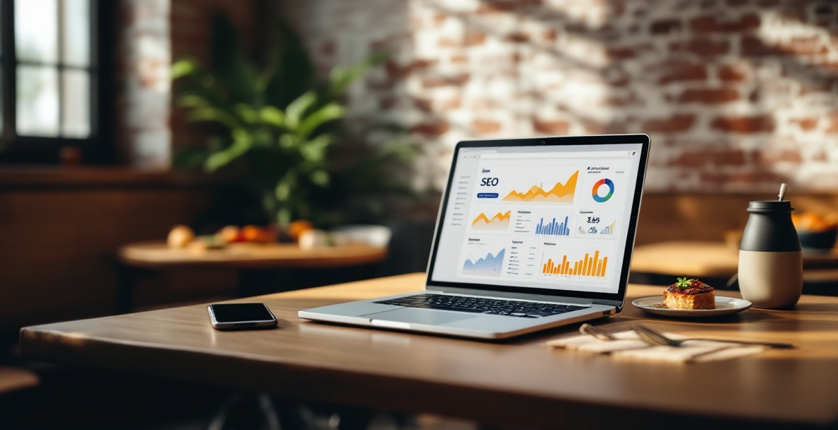 Modern restaurant with laptop showing SEO dashboard, blending digital theme with culinary elements.