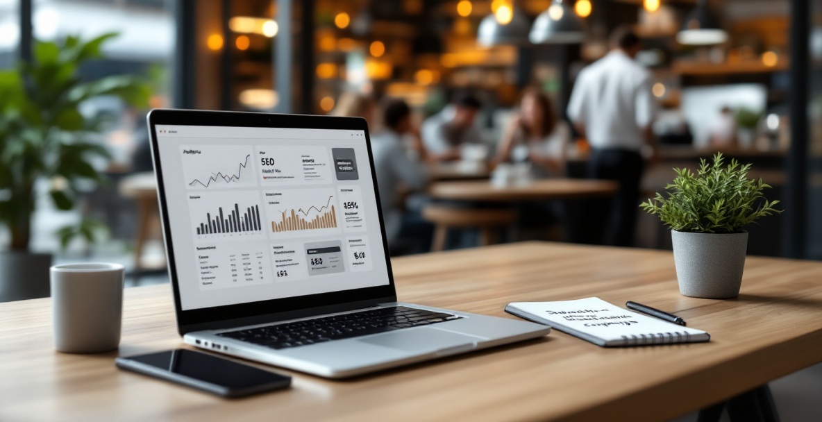 A modern workspace with marketing analytics on a laptop and smartphone, connected to a restaurant setting.