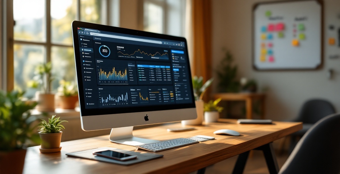 Modern restaurant office with SEO metrics on computer and phone in warm natural light.