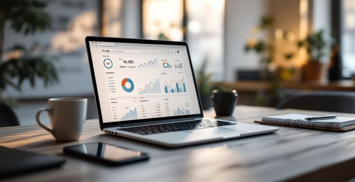 Modern office desk with a laptop showing SEO analytics and a smartphone with search results.