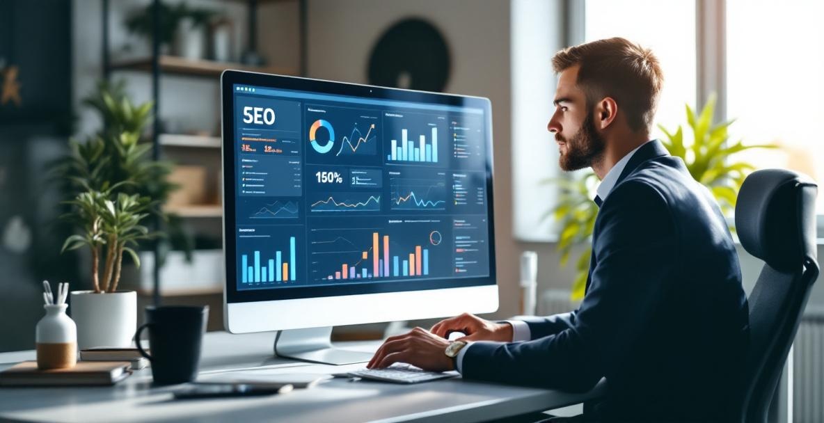 Person analyzing SEO data charts on a large screen in a modern office setting.