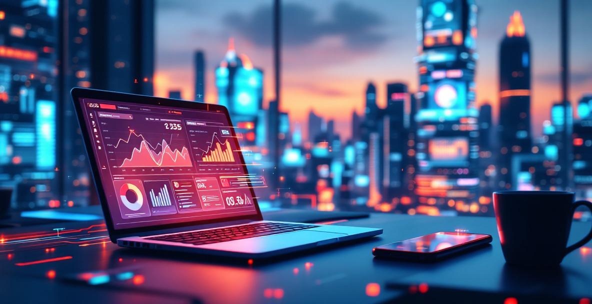 Futuristic cityscape with SEO analytics tools showing graphs and keywords in 2025.