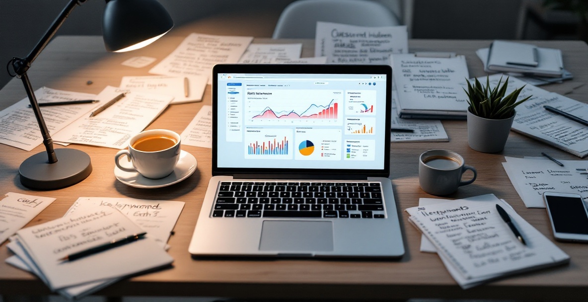 Business workspace with laptop showing analytics dashboard, focused on hidden keyword opportunities.