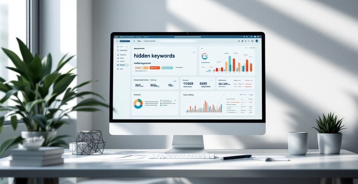 Modern workspace with a computer displaying keyword analysis tools and graphs.