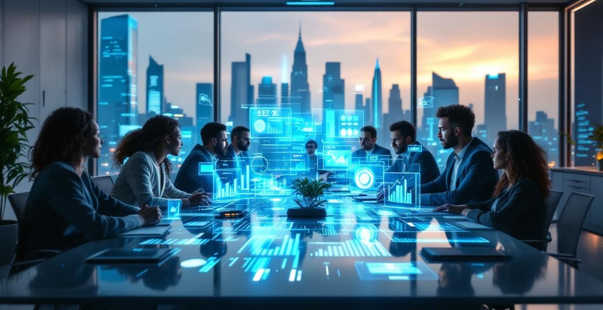 A diverse team collaborating in a futuristic office with holographic SEO analytics on display.