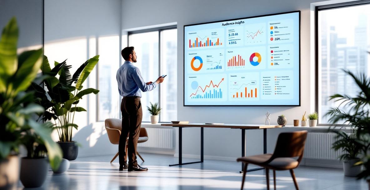 Business professional analyzing data on a digital display in a modern office.