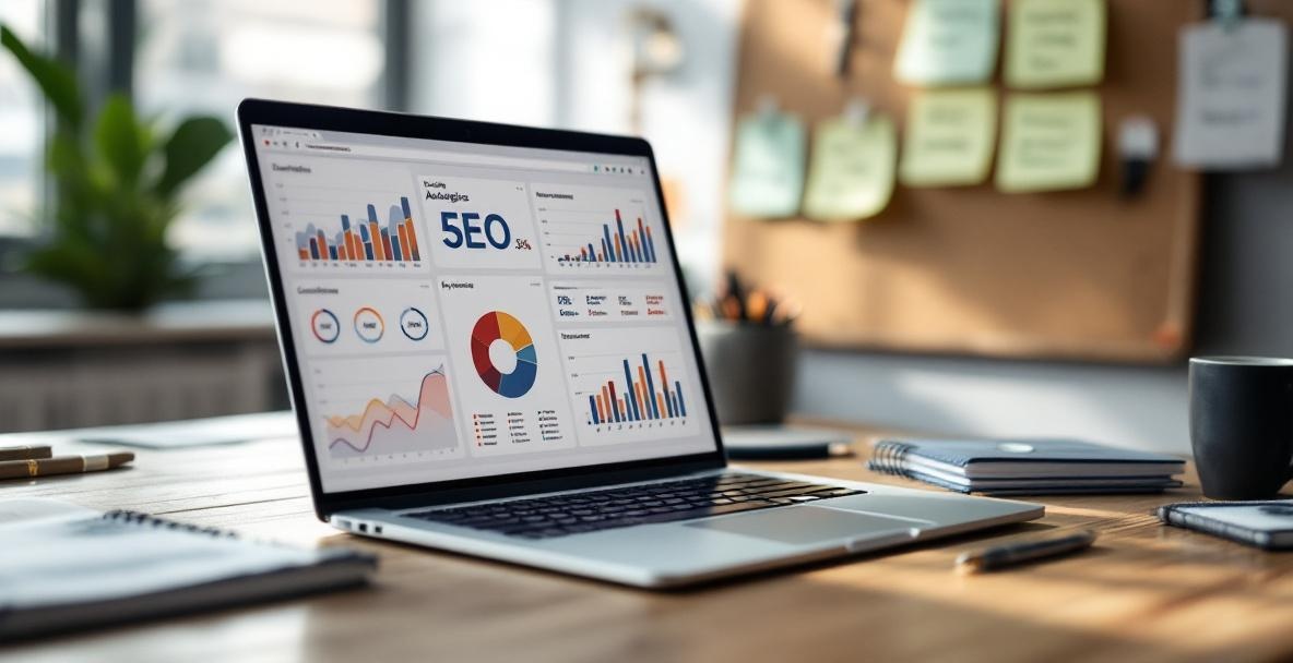 Laptop on desk with analytics tools, notebook, and corkboard for SEO strategies.