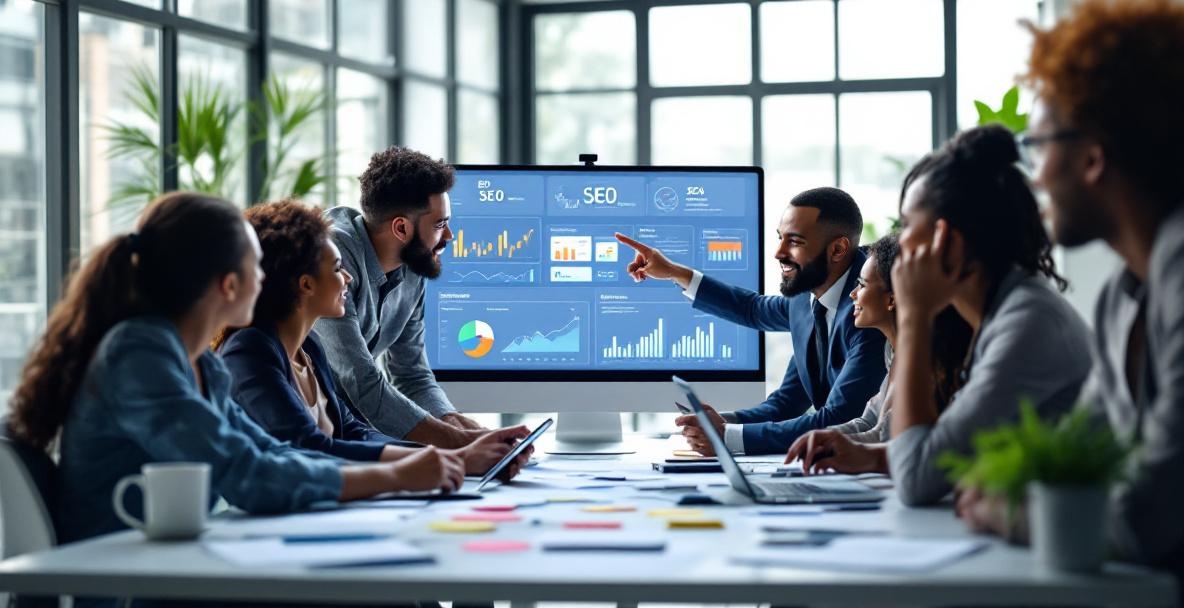 Professionals collaborate in a modern office with screens displaying SEO analytics.