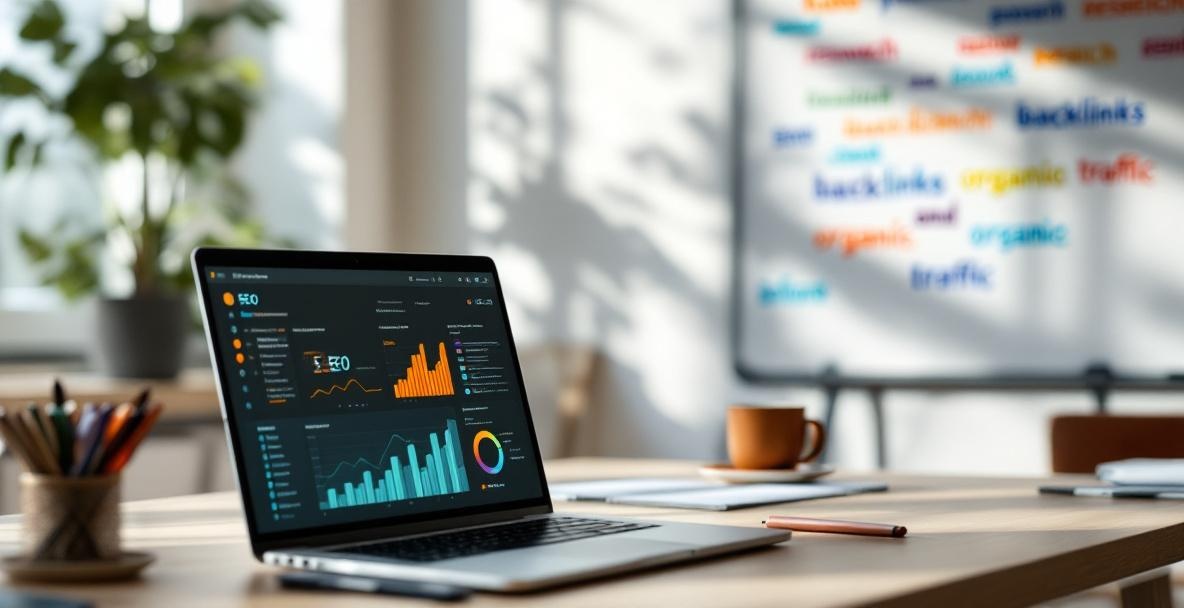 Workspace with a team collaborating on SEO strategies with laptop displaying SaaS SEO tools.