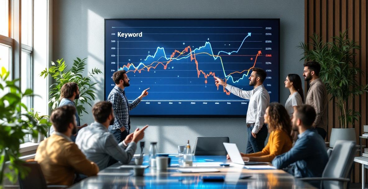 Business professionals analyze a dynamic keyword trend graph on a large screen in a modern office.