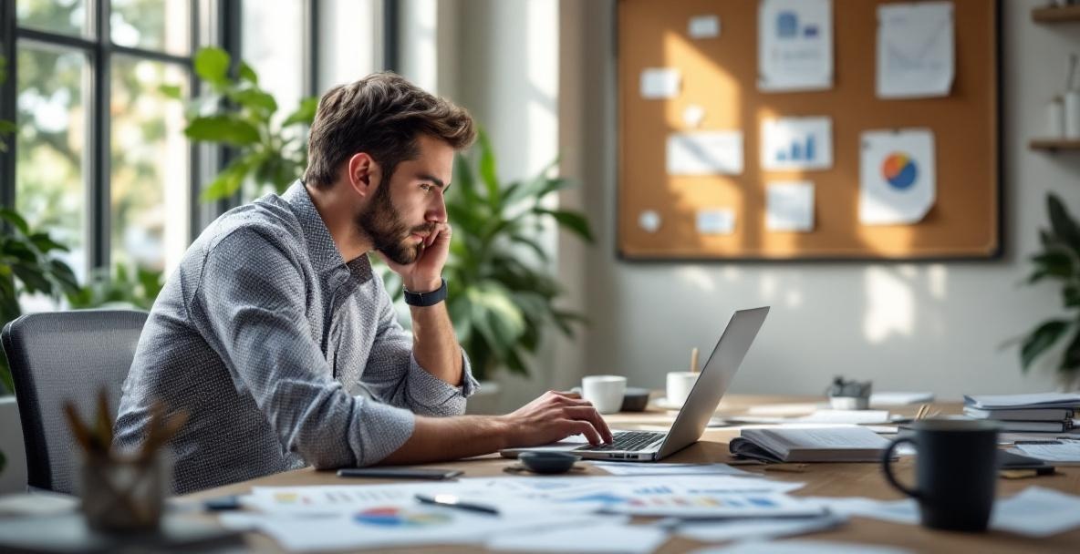 Business professional analyzing keyword data on laptop in modern office.