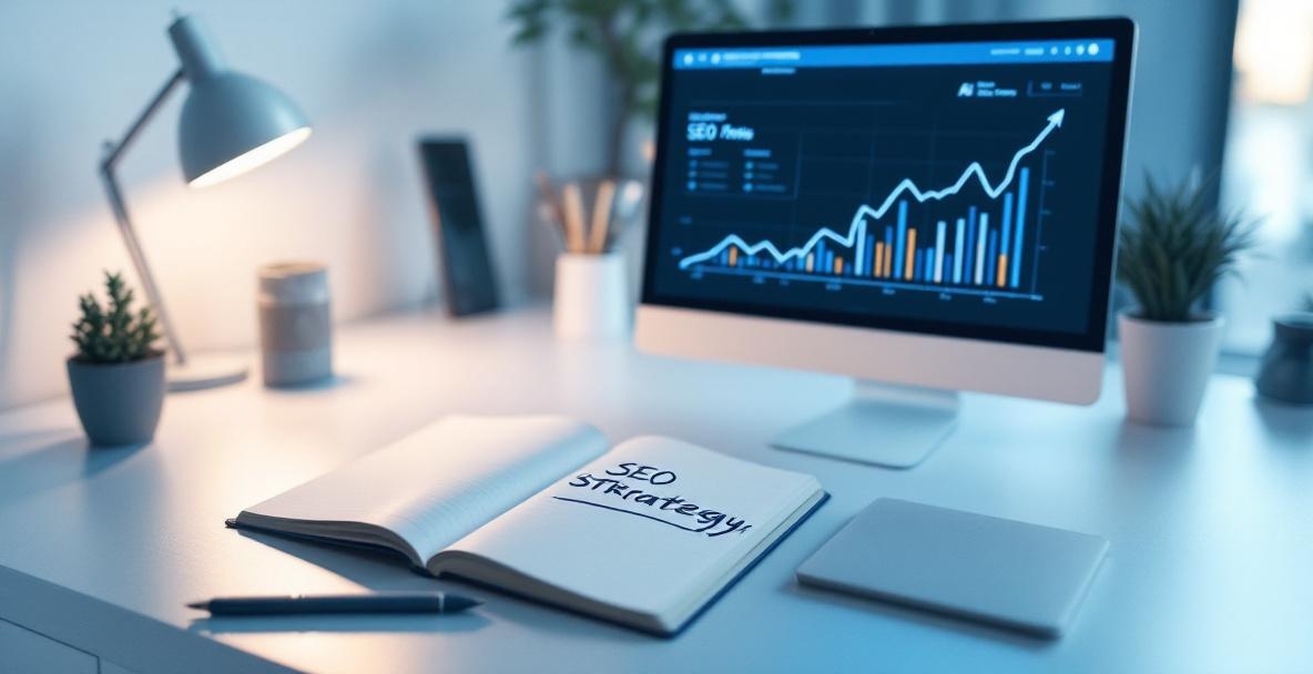 Modern workspace with AI-enhanced content creation tools, featuring SEO metrics on a computer screen.