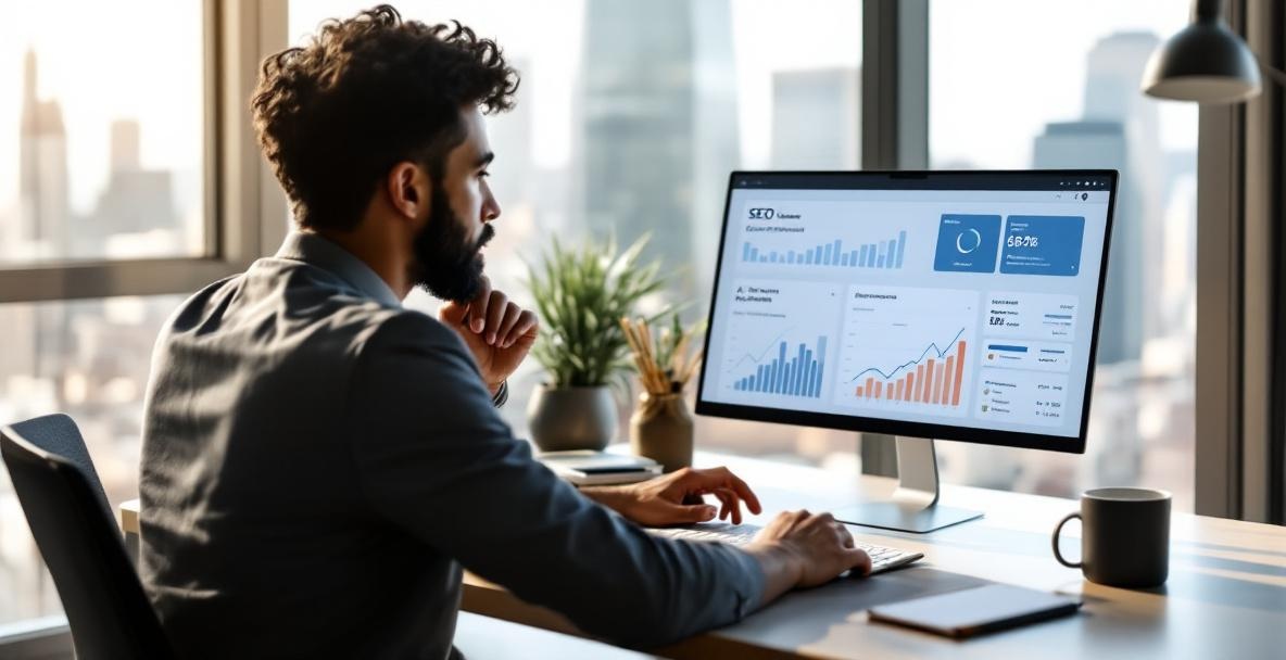 Business professional analyzing SEO dashboard with graphs at a modern desk.