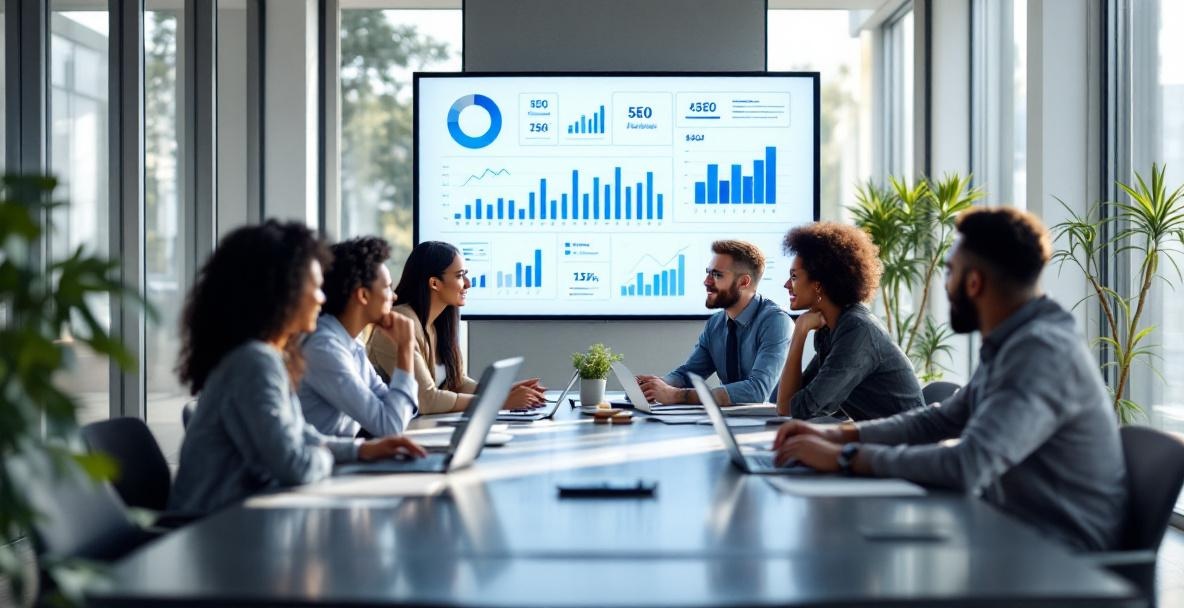 Diverse professionals collaborating with digital devices around a conference table, focusing on SEO analytics.