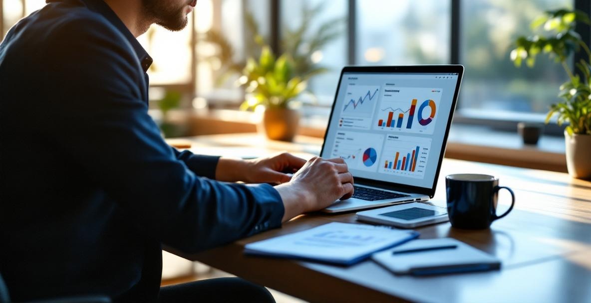 Business professional analyzing SEO data on a laptop in a modern office.