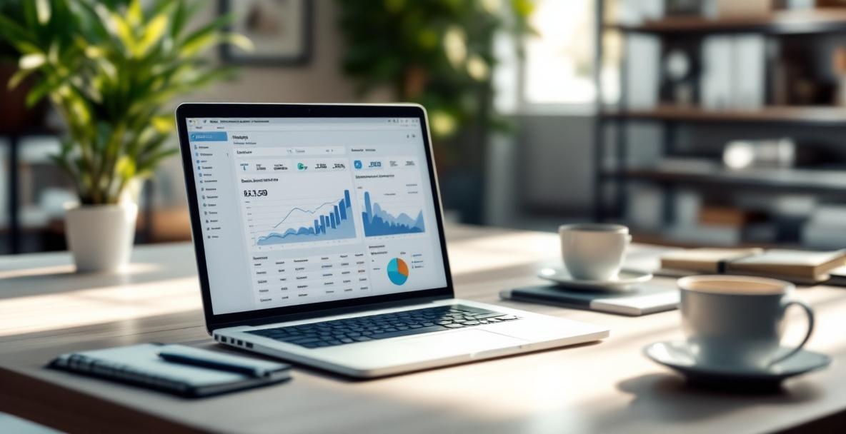 Modern workspace with laptop showing backlink analysis dashboard, surrounded by a notepad, pen, and coffee.