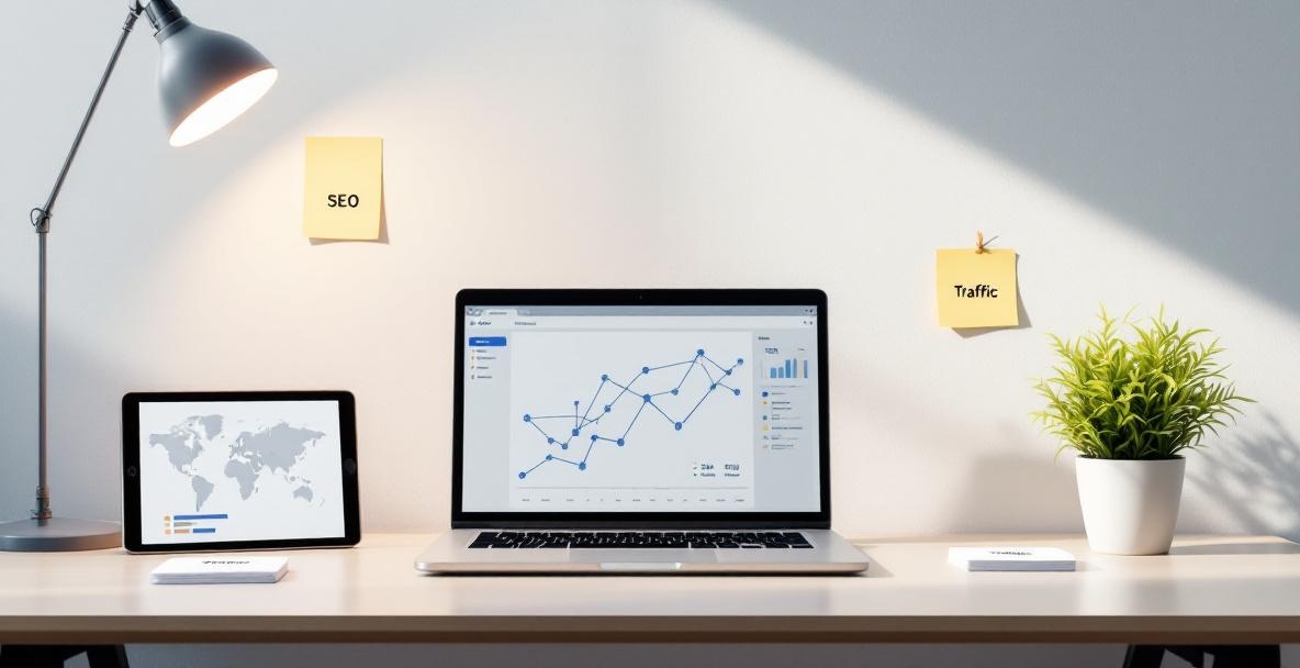Digital workspace with laptop showing backlink analysis on graph, with tablet, sticky notes, plant, and business cards.