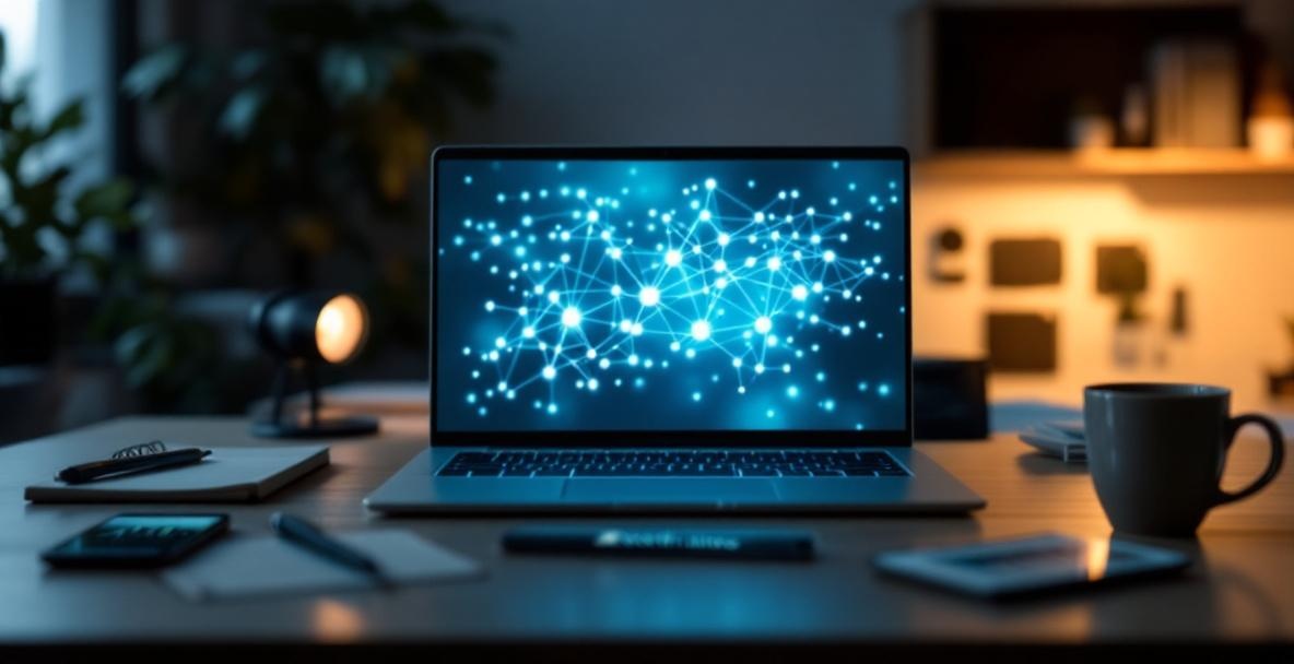 Professional desk with laptop showing backlink network, coffee, notepad, pen, and smartphone with charts.