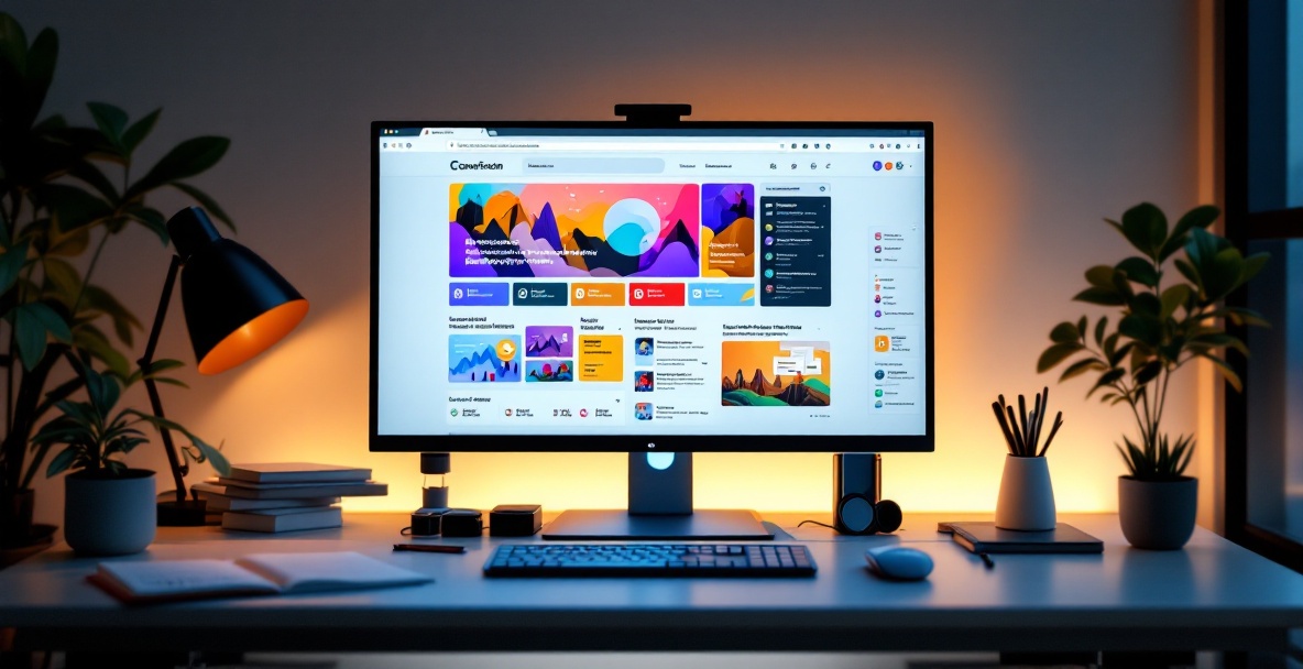 Modern digital workspace with a monitor displaying analytics and vibrant content.