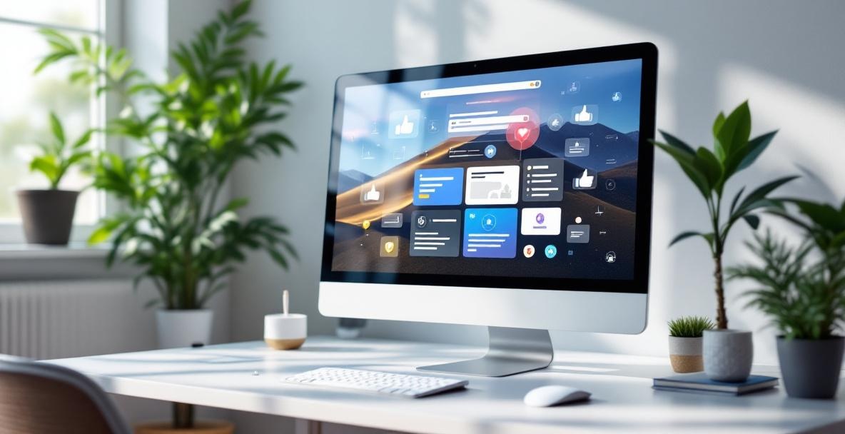 Modern website interface on a computer in a minimalist workspace with user engagement icons.