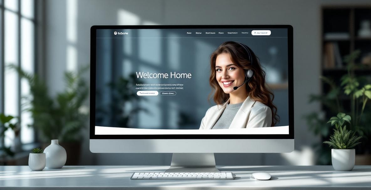 Sleek website homepage on monitor with 'Welcome Home' message, calming blue and white colors, and smiling representative.