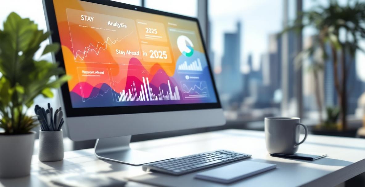 Modern office setup with a digital dashboard on a monitor and a notepad stating 'Stay Ahead in 2025'.