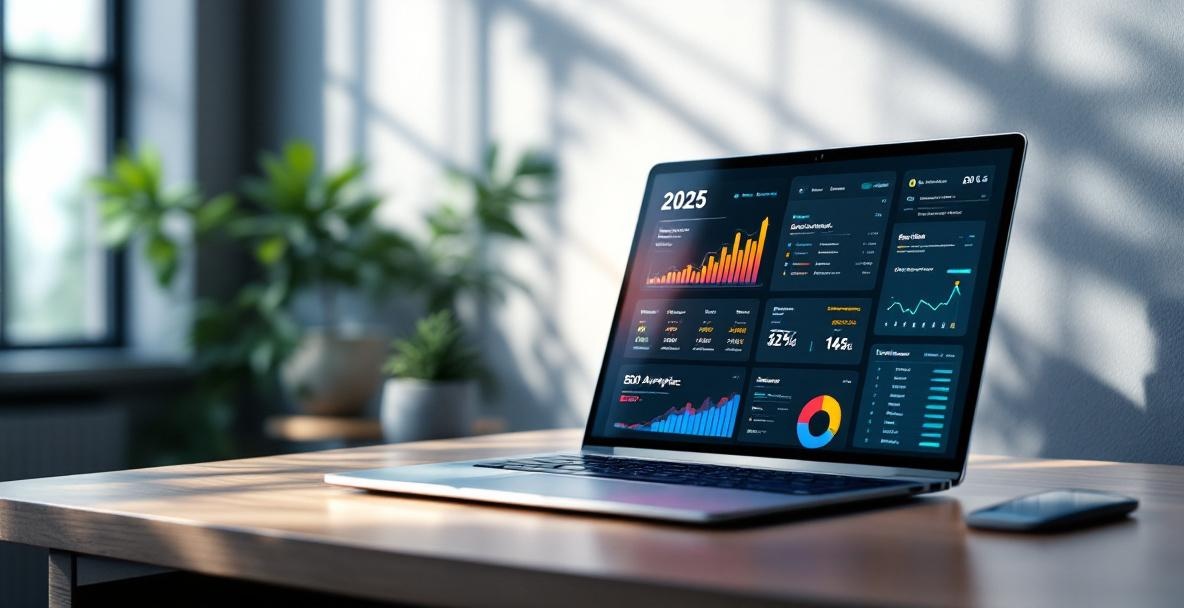 Modern office with laptop showing a futuristic SEO dashboard, calendar reads '2025', plant nearby.