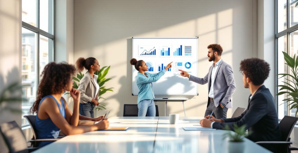 Business meeting with diverse professionals discussing audience demographics using charts and graphs.