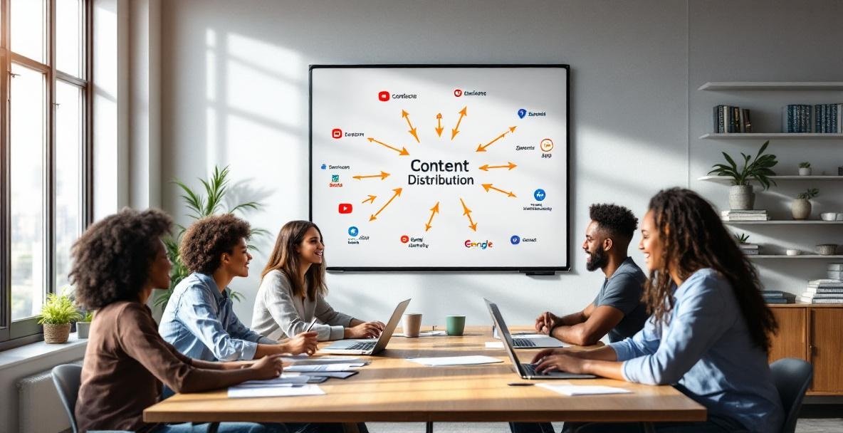 Diverse content creators discuss strategy in modern office with digital whiteboard.