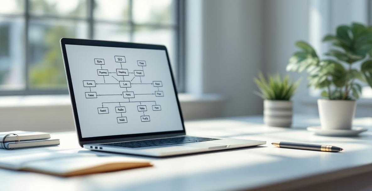 Modern workspace with laptop showing content structure diagram for SEO and traffic strategy.
