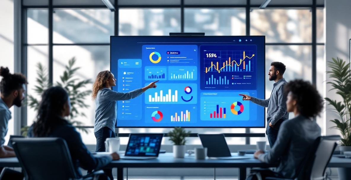Diverse team of content creators collaborating around a digital display with analytics in a modern office.