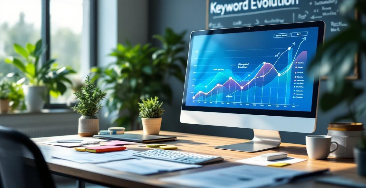 Modern office desk with a computer screen showing keyword trend graph, papers, and a whiteboard with 'Keyword Evolution'.