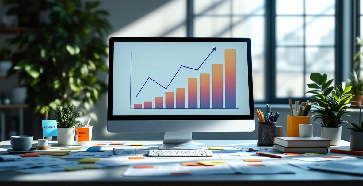 Modern office workspace with a computer displaying a growth graph in 2025.