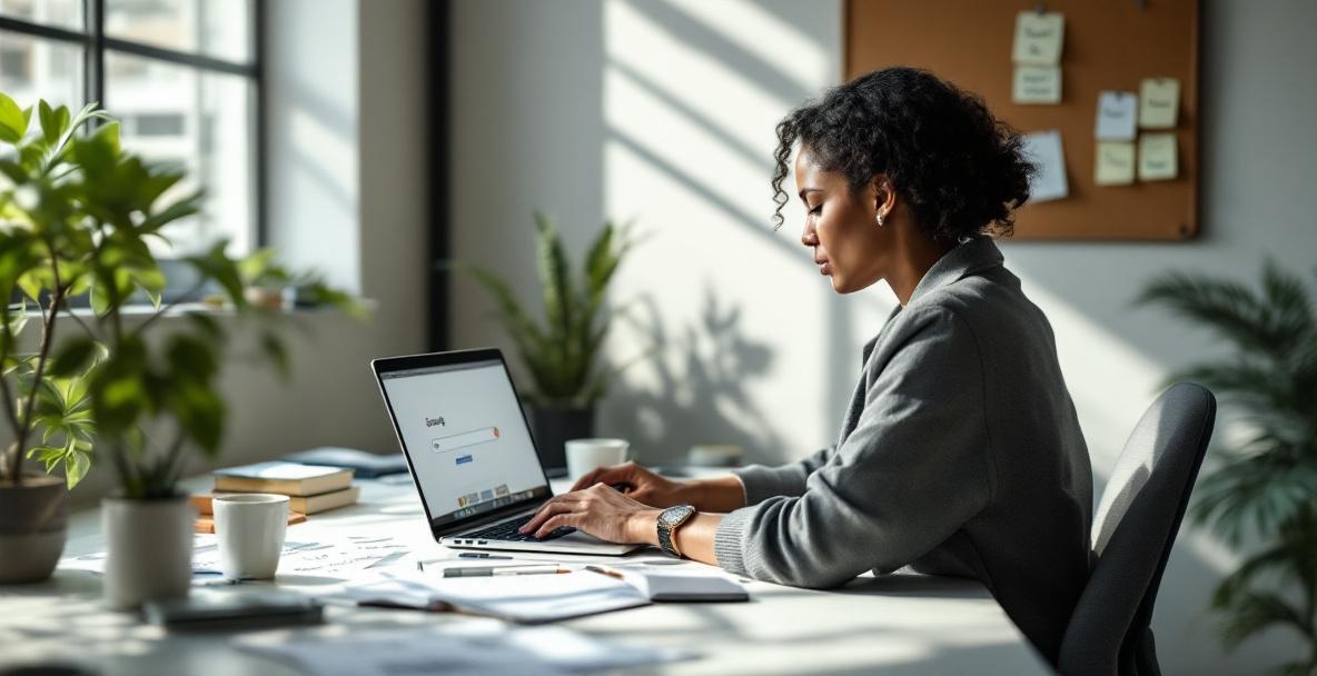 Professional typing on laptop in minimalist office with notes and keywords visible.
