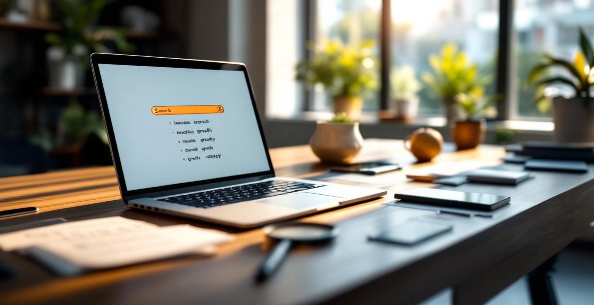 Workspace with laptop showing search engine, notes, and magnifying glass highlighting keywords.