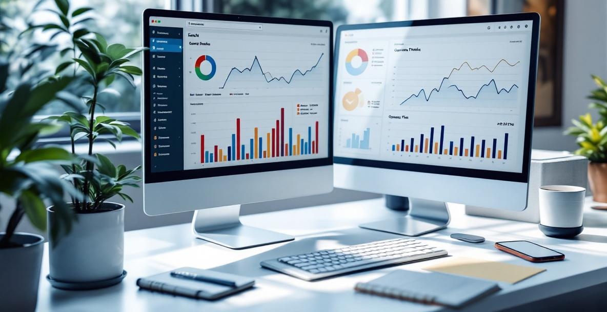 Office desk with a monitor showing analytics graphs on search rankings and traffic.