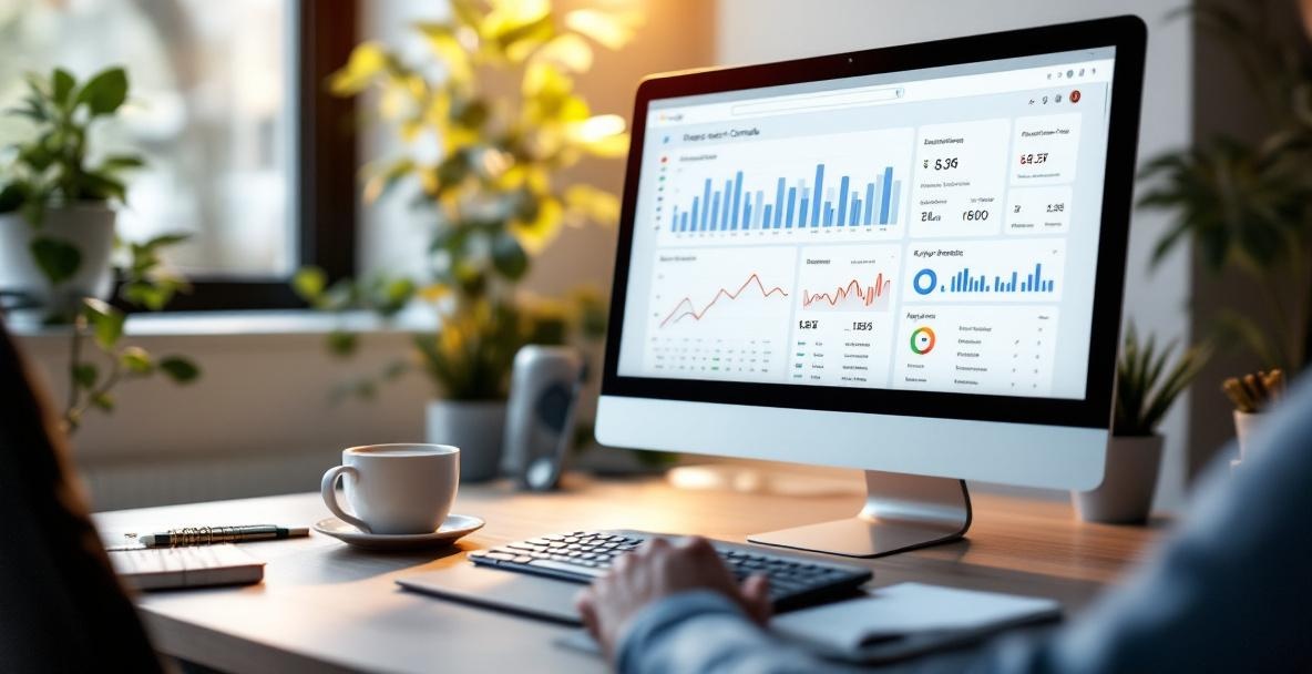 Modern workspace showing Google Search Console on a computer screen with a coffee cup and notepad nearby.