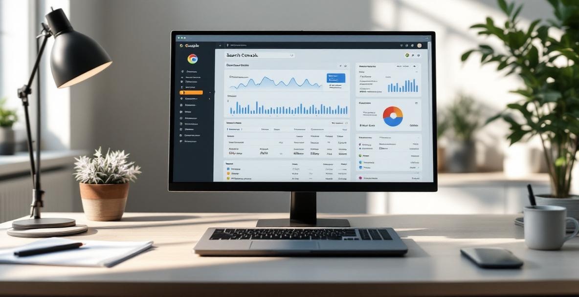 Digital workspace with Google Search Console dashboard and analytics on a sleek monitor.