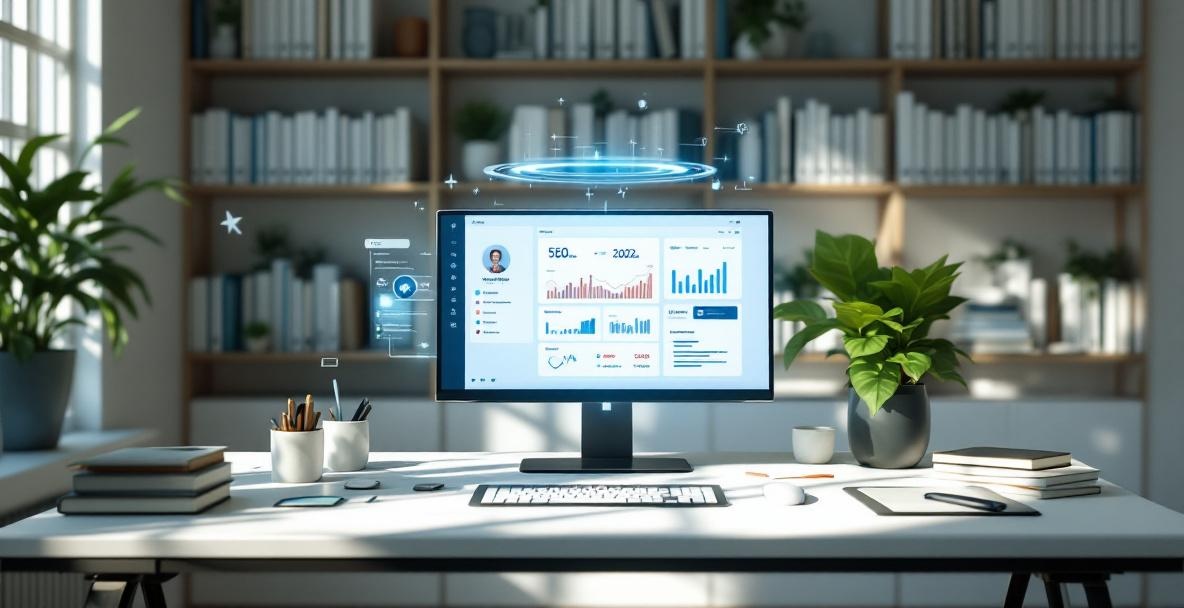 Modern workspace in 2025 with content tools and a holographic assistant.
