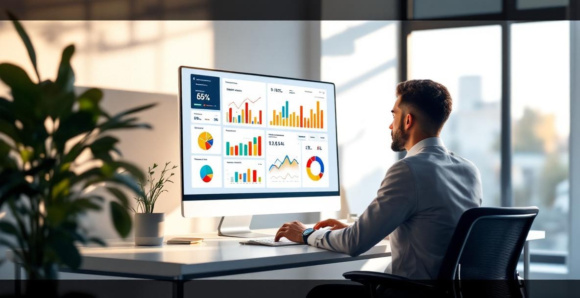 Professional analyzing web traffic data on a sleek workspace computer screen.