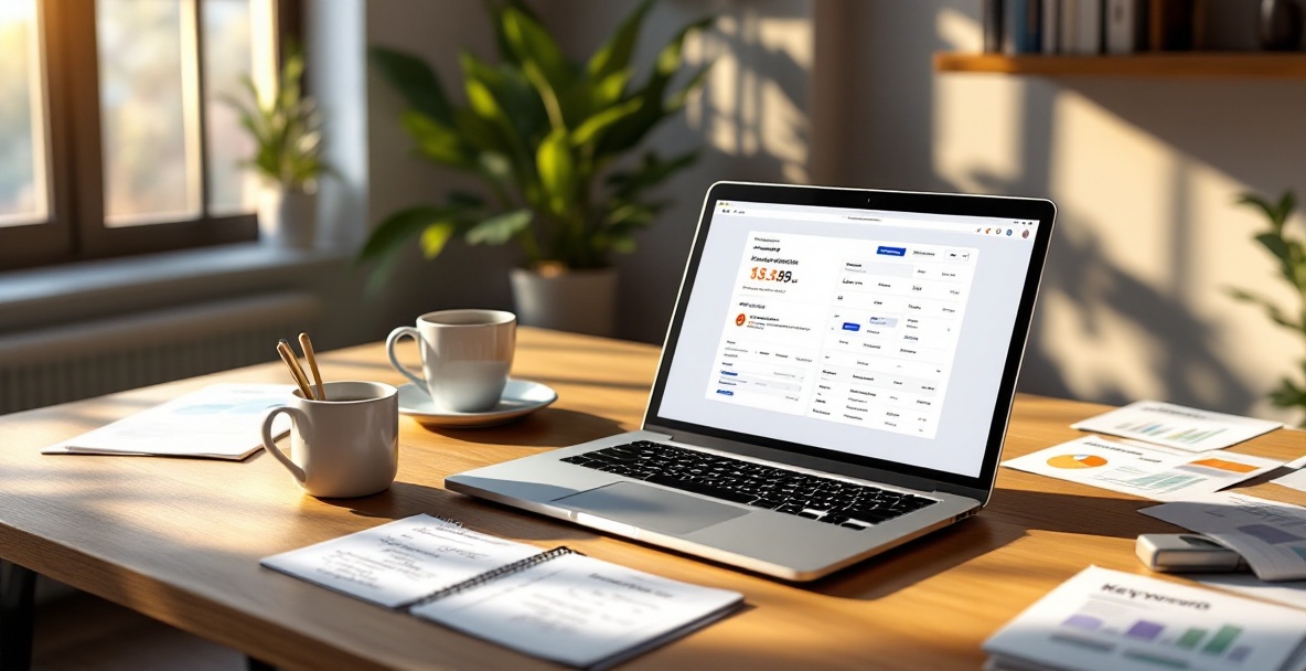 Modern desk with laptop showing a keyword tool, surrounded by notes and charts, in warm natural light.
