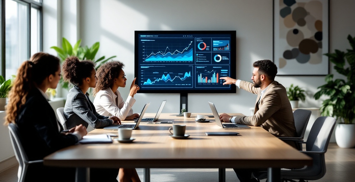 Diverse professionals in a meeting discuss market trends with graphs on a digital screen in a modern conference room.