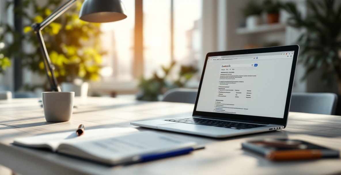 Modern office workspace with a laptop displaying a search engine results page and a notebook with keyword notes.