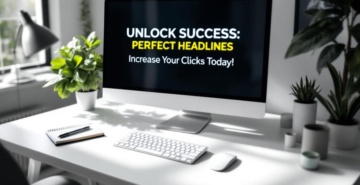 Modern workspace with a monitor showing a headline: 'Unlock Success: Increase Your Clicks Today!'