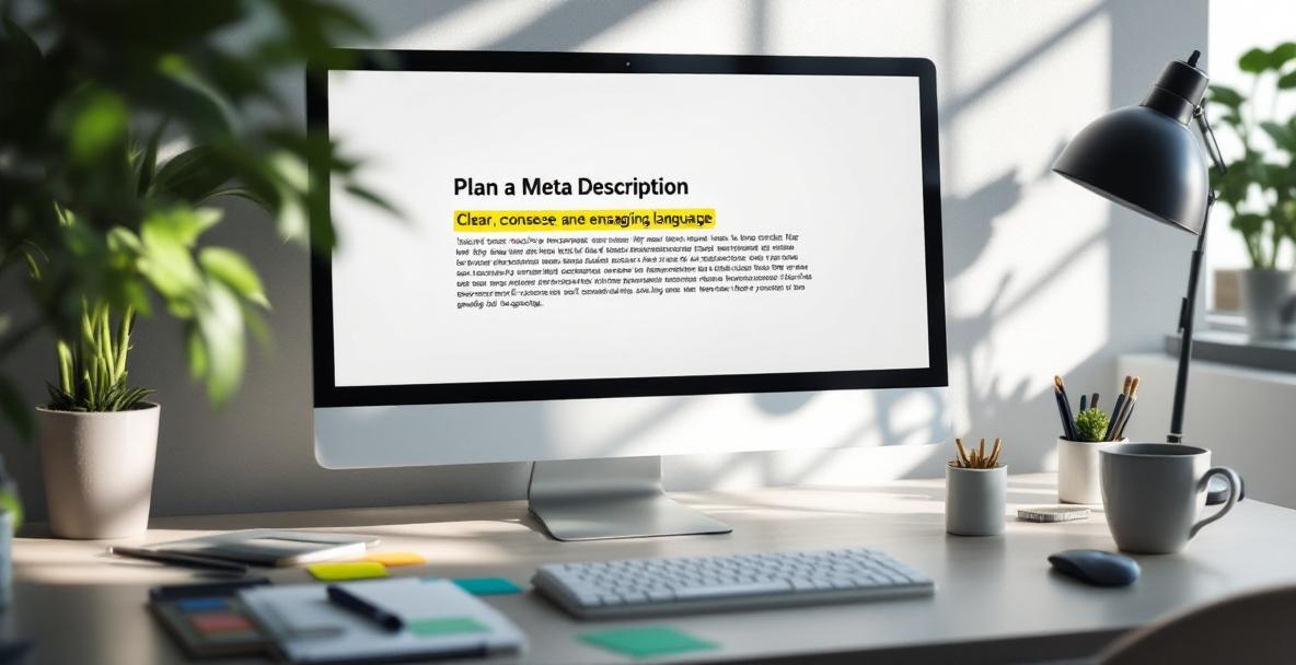 Digital workspace with a computer screen showing highlighted meta description text.