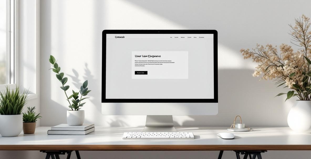 Minimalistic workspace featuring a modern desktop displaying a user-friendly website interface.