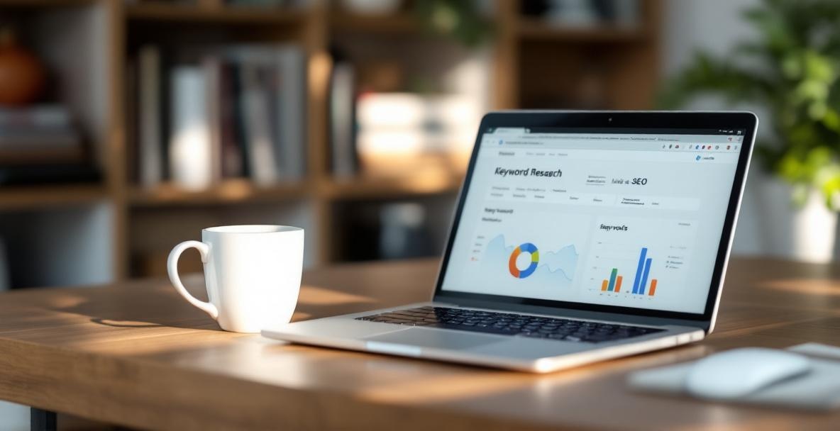 Laptop on desk with keyword analytics dashboard next to a coffee mug, conveying digital marketing concept.