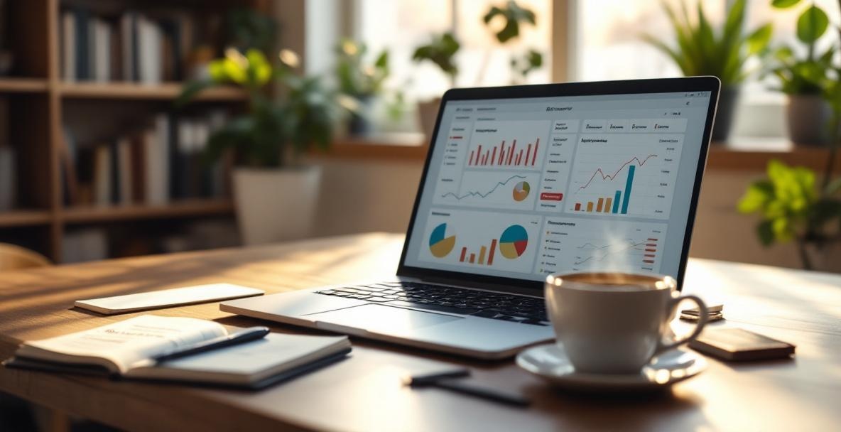 Laptop with digital dashboard and notes on a desk in a modern office setting.