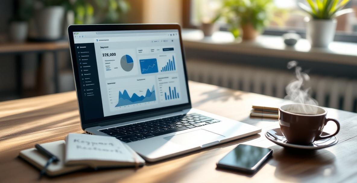 Modern workspace with laptop, notebook, phone, coffee, and plant for keyword research.